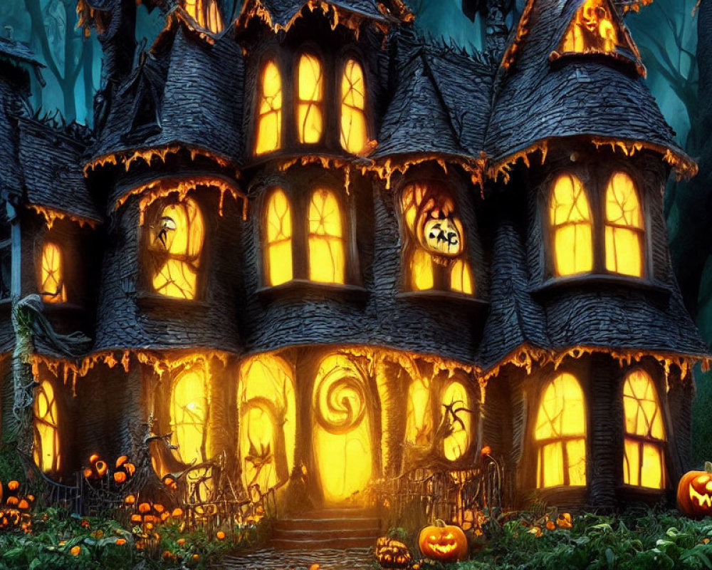 Eerie Gothic-style house in spooky forest with jack-o'-lanterns