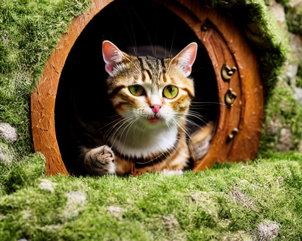 Tabby Cat with Striking Eyes in Moss-Covered Round Doorway