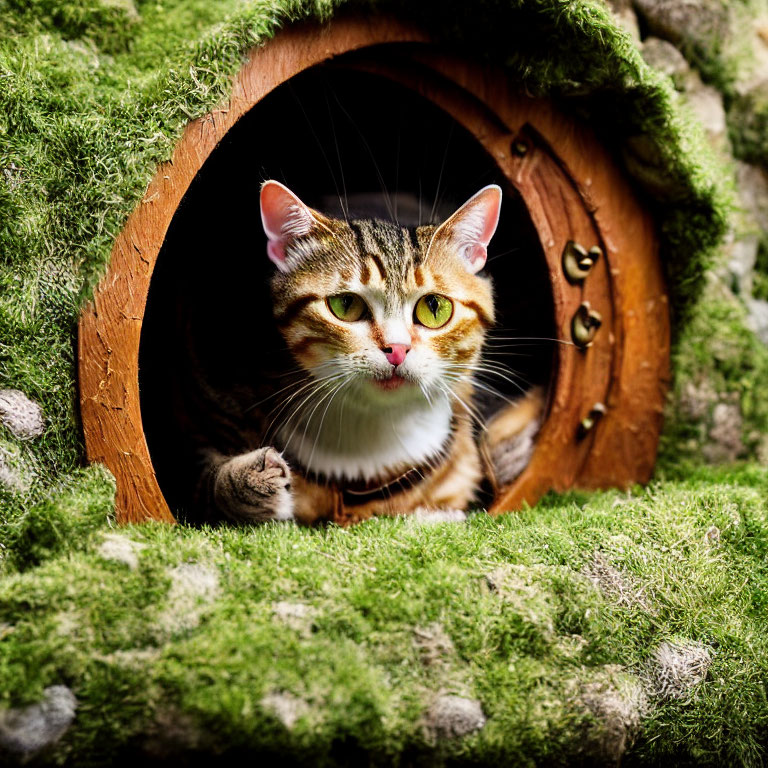 Tabby Cat with Striking Eyes in Moss-Covered Round Doorway