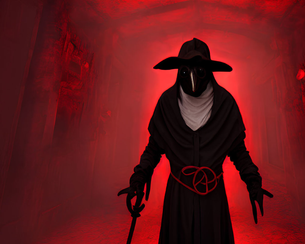 Plague doctor in beaked mask with wand in eerie, red-lit room