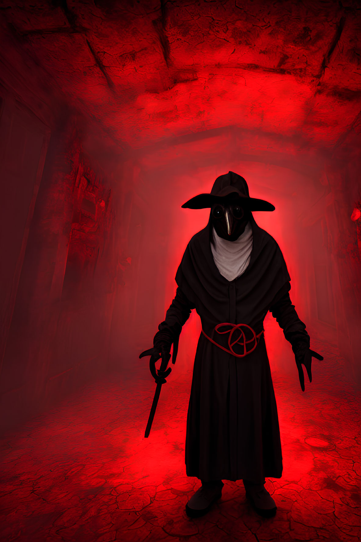 Plague doctor in beaked mask with wand in eerie, red-lit room