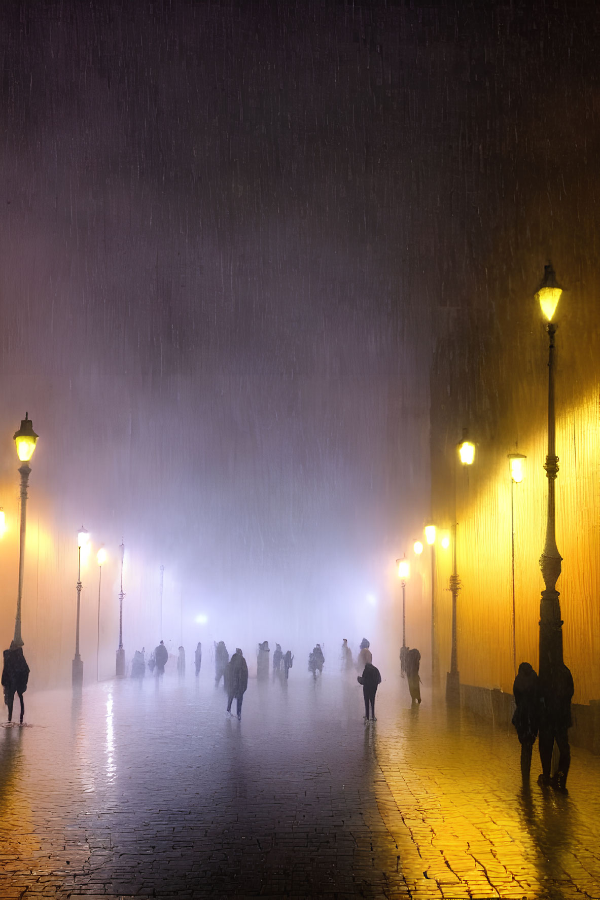 Nighttime city street scene with people walking in the rain under glowing street lamps