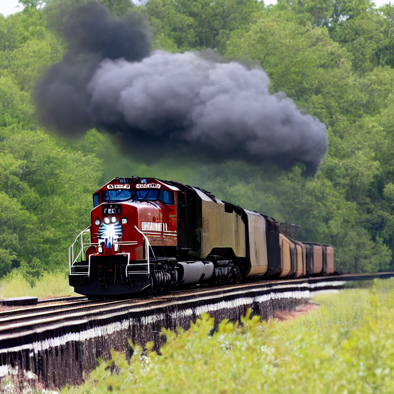 Red and Black Freight Train Emitting Dark Smoke Traveling Through Lush Greenery