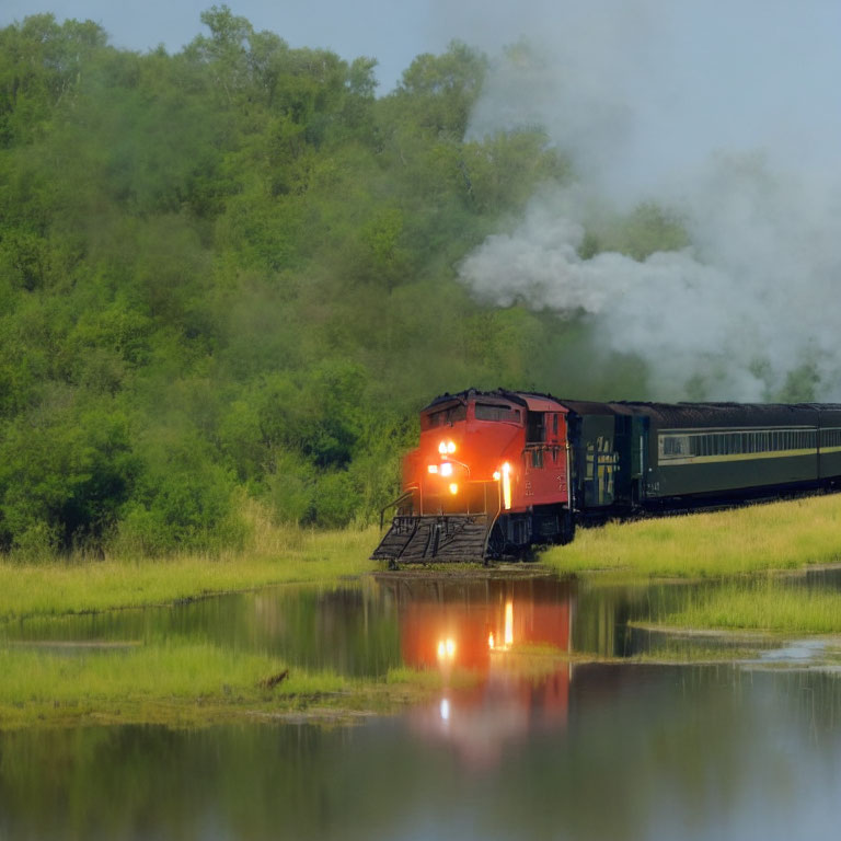 Red locomotive pulling train through lush greenery with reflection and smoke.