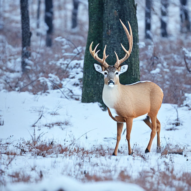 Majestic deer in snowy forest with bare trees