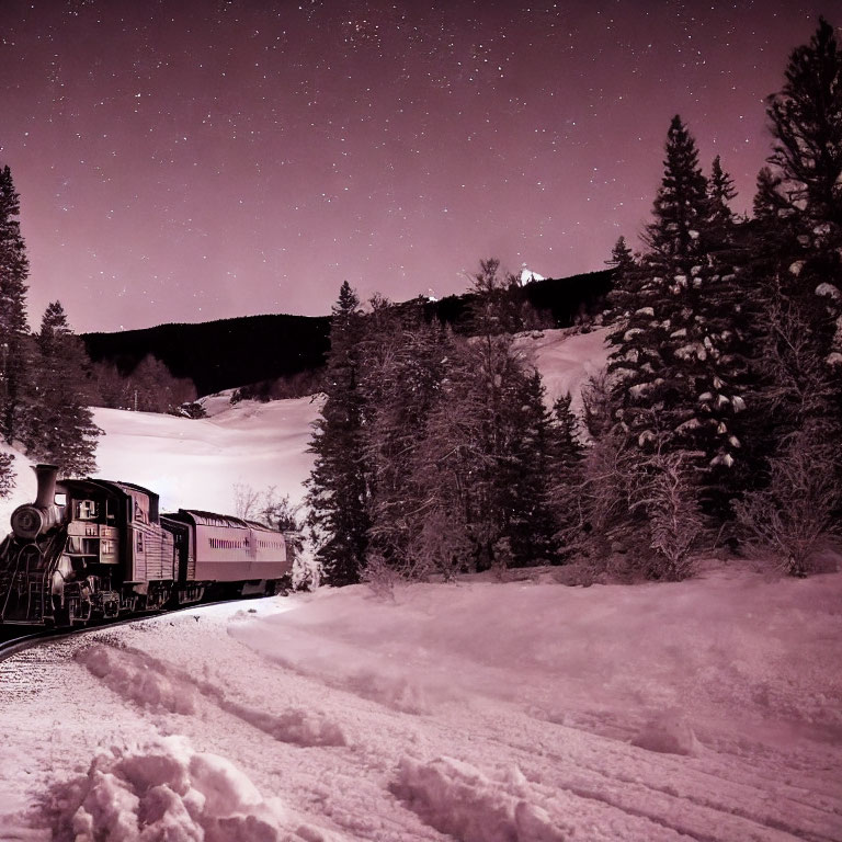 Snow-covered landscape with train at night amidst trees under starry sky