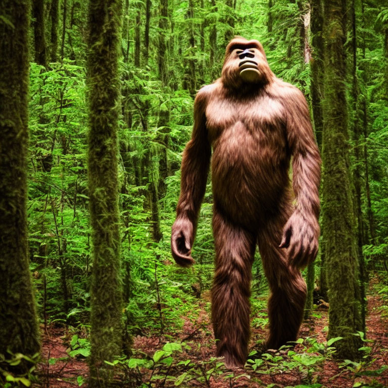 Mysterious Bigfoot-like Figure in Dense Green Forest