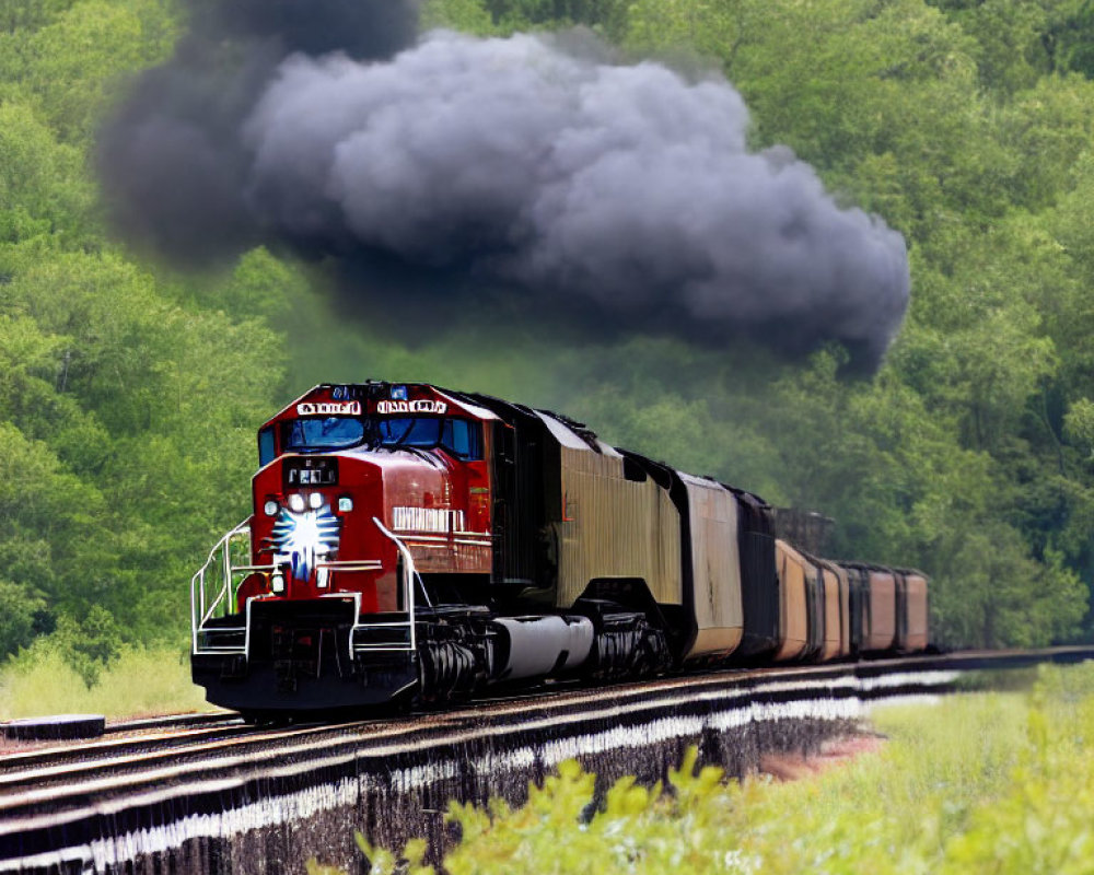 Red and Black Freight Train Emitting Dark Smoke Traveling Through Lush Greenery