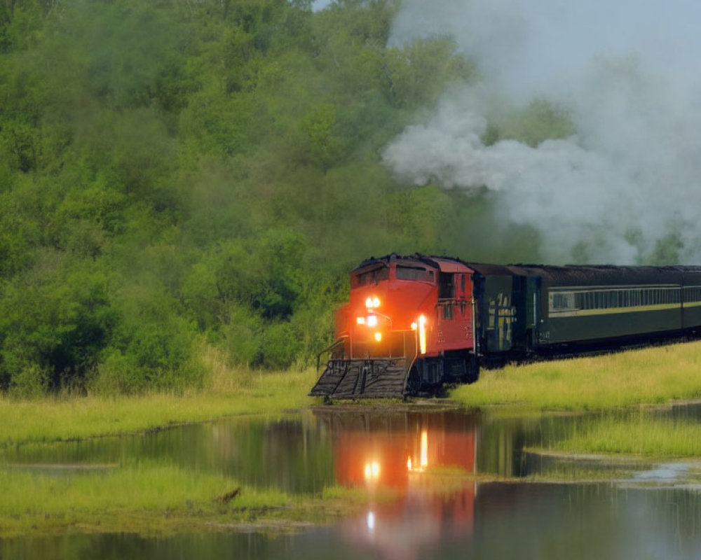 Red locomotive pulling train through lush greenery with reflection and smoke.