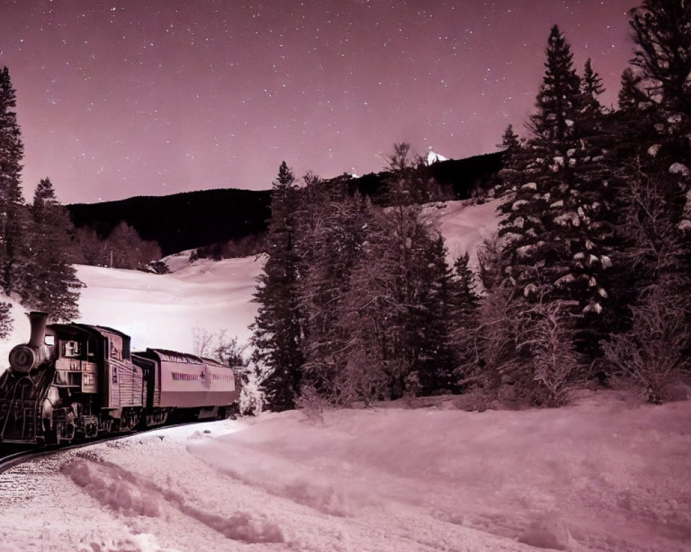 Snow-covered landscape with train at night amidst trees under starry sky