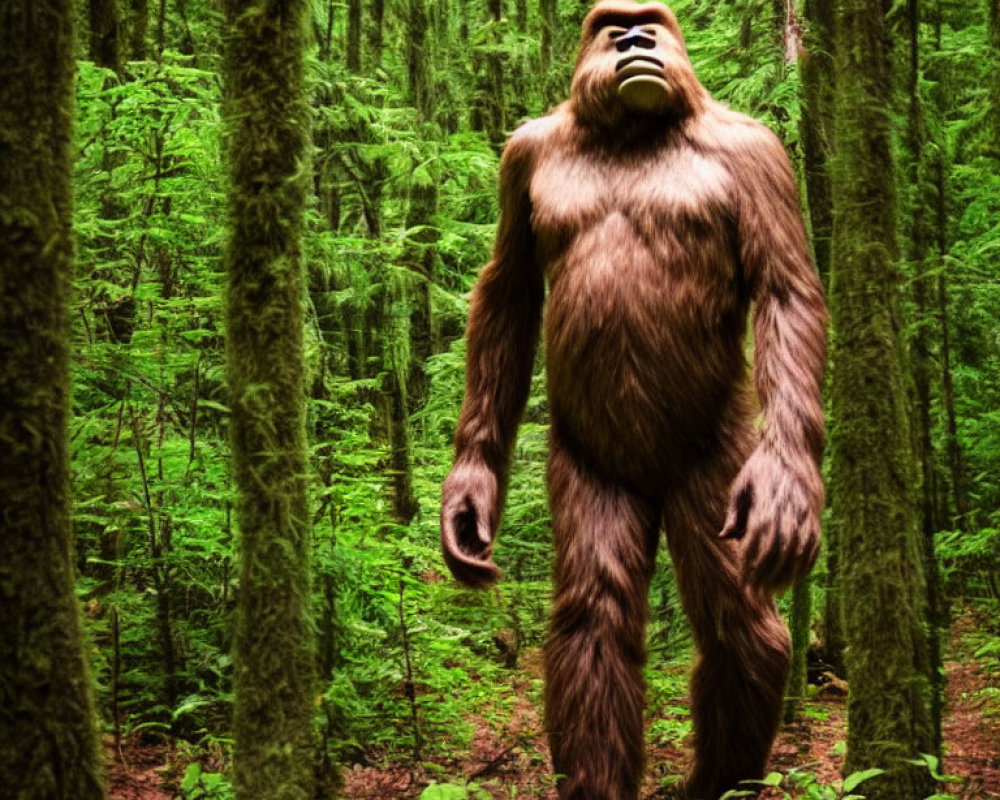 Mysterious Bigfoot-like Figure in Dense Green Forest