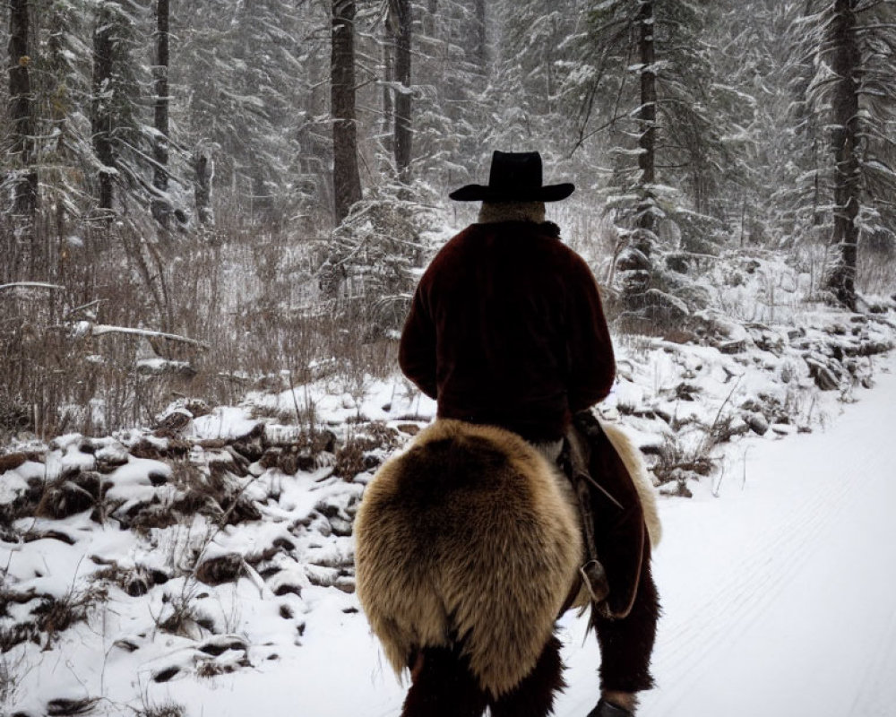 Cowboy hat person on horse in snowy forest landscape.