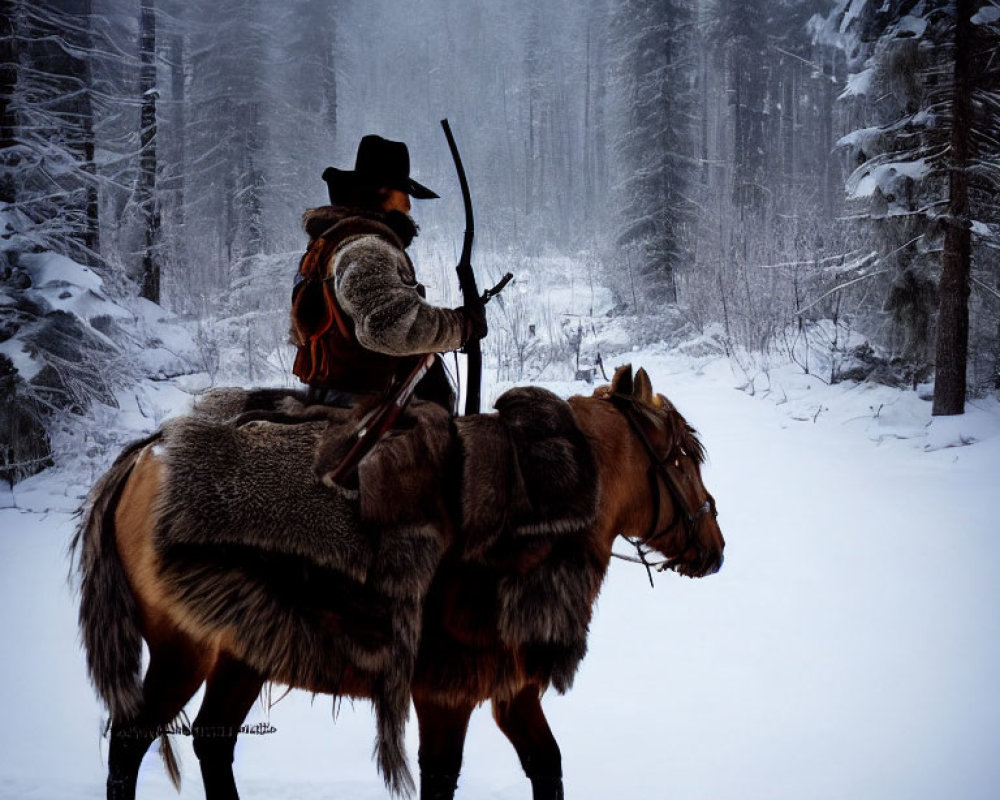 Person on horse with rifle in snow-covered forest