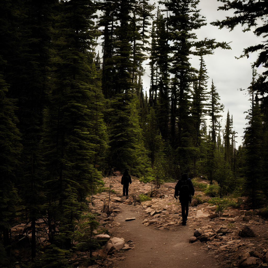 Hikers on rocky trail among tall pine trees