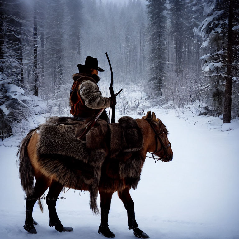 Person on horse with rifle in snow-covered forest