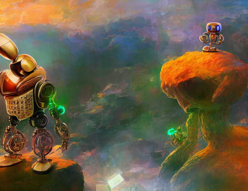 Stylized robots on colorful rocky landscape with greenery observation