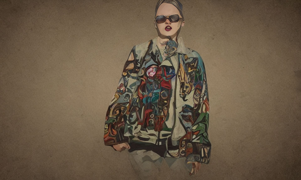 Person in Patterned Jacket and Sunglasses on Beige Background