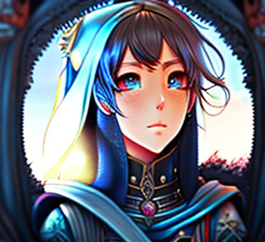 Digital Artwork: Female Character with Striking Blue Eyes and Ornate Blue/Gold Cloak