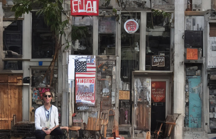 Cluttered antique shop storefront with American flag and signs