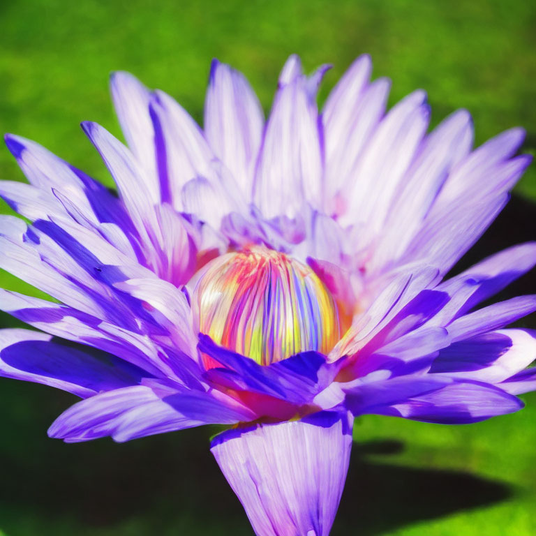 Vibrant purple water lily with delicate petals unfurling in blurred green background