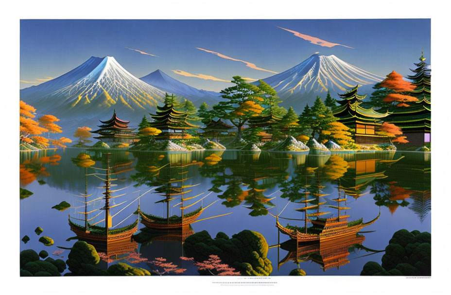 Traditional Japanese Landscape Painting with Mount Fuji, Pagodas, Autumn Trees, and Boats