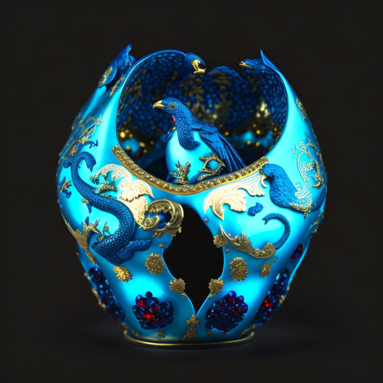 Blue and Gold Peacock-themed Porcelain Egg with Intricate Patterns