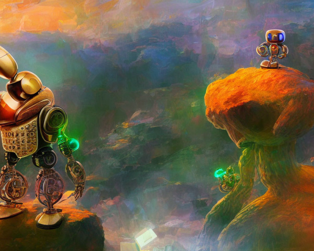 Stylized robots on colorful rocky landscape with greenery observation