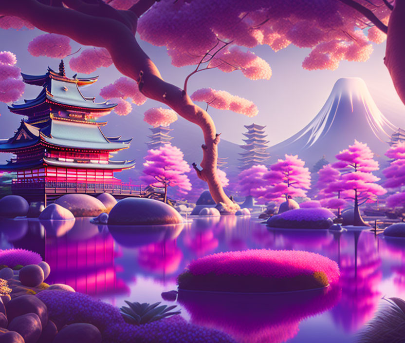 Japanese landscape digital artwork with cherry blossoms, pagoda, and Mount Fuji at twilight