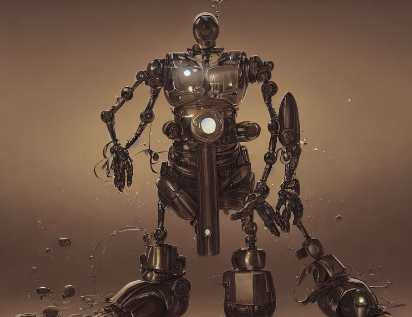 Detailed Illustration: Intricate Robot with Humanoid Shape Amidst Floating Water Droplets