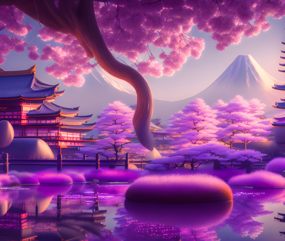 Japanese pagodas, cherry blossoms, and Mount Fuji in surreal purple and pink hues