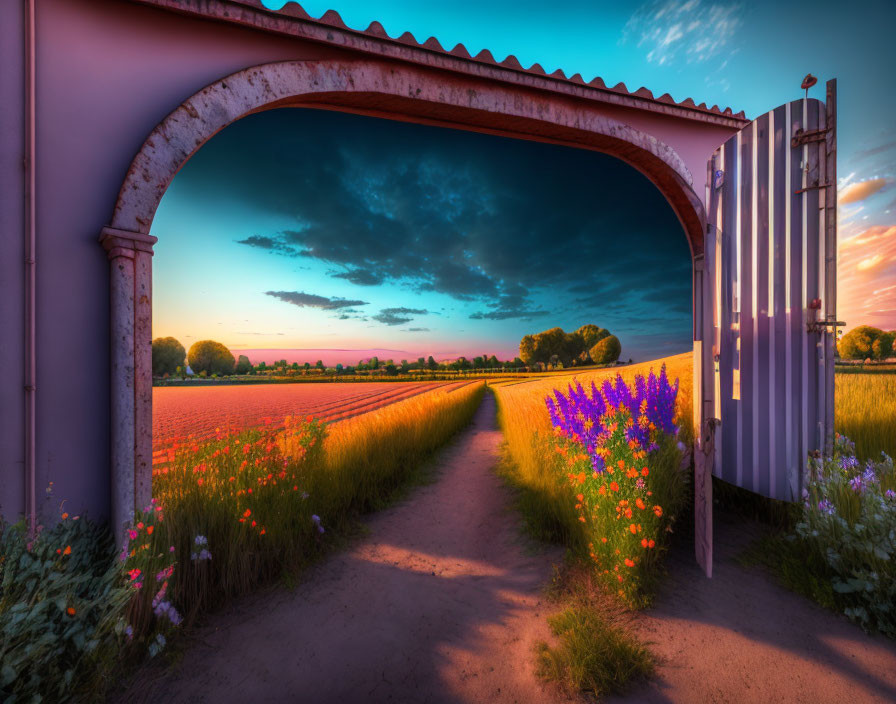 Scenic sunset view of vibrant flower field and blue sky