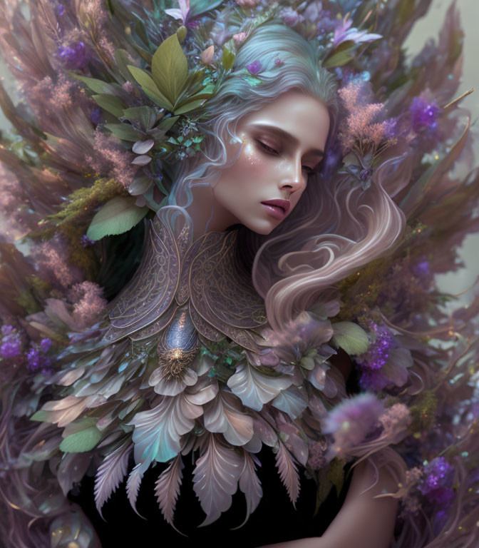 Woman Surrounded by Flowers and Leaves in Pastel Tones