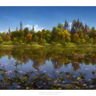 Tranquil Japanese garden with autumn trees, pond, and pagodas