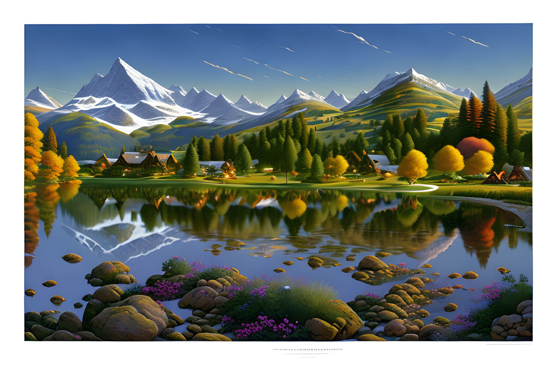 Tranquil landscape with reflective lake, autumn trees, cabins, snow-capped mountains, shooting stars