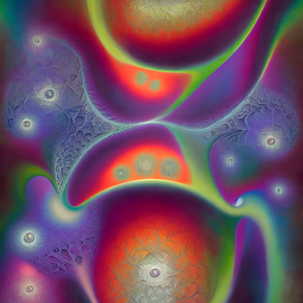 Vibrant abstract fractal design with intricate patterns in purples, reds, greens,