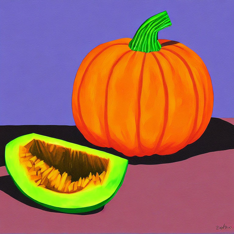 Colorful painting of pumpkin and melon on purple background