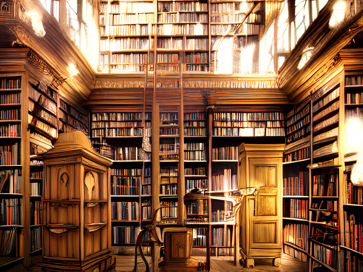 Majestic old library with towering wooden bookshelves