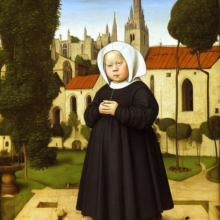 Portrait of a child in black dress and white headdress in serene garden with Gothic architecture