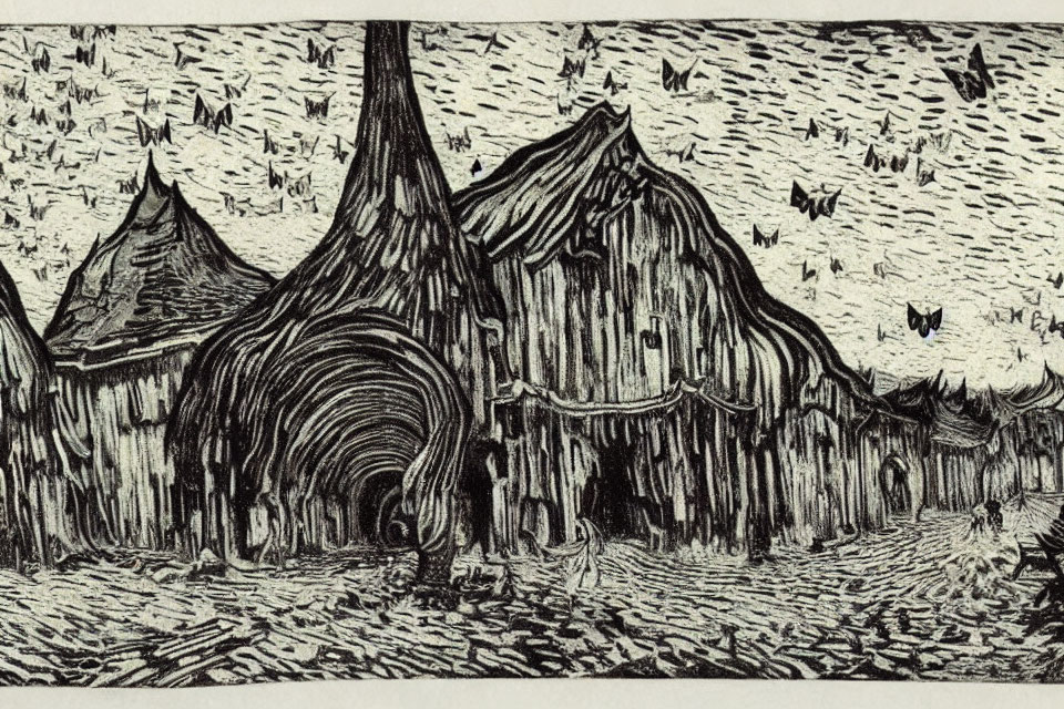 Ink drawing of street with exaggerated perspective and distorted buildings under sky with birds or bats