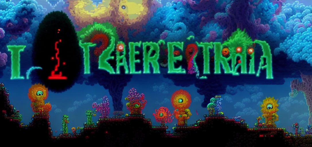 Colorful pixelated game scene with whimsical structures and flora - "Terraria" title in styl