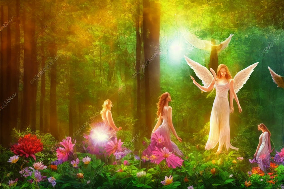 Mystical forest scene with vibrant flowers and ethereal angelic figures