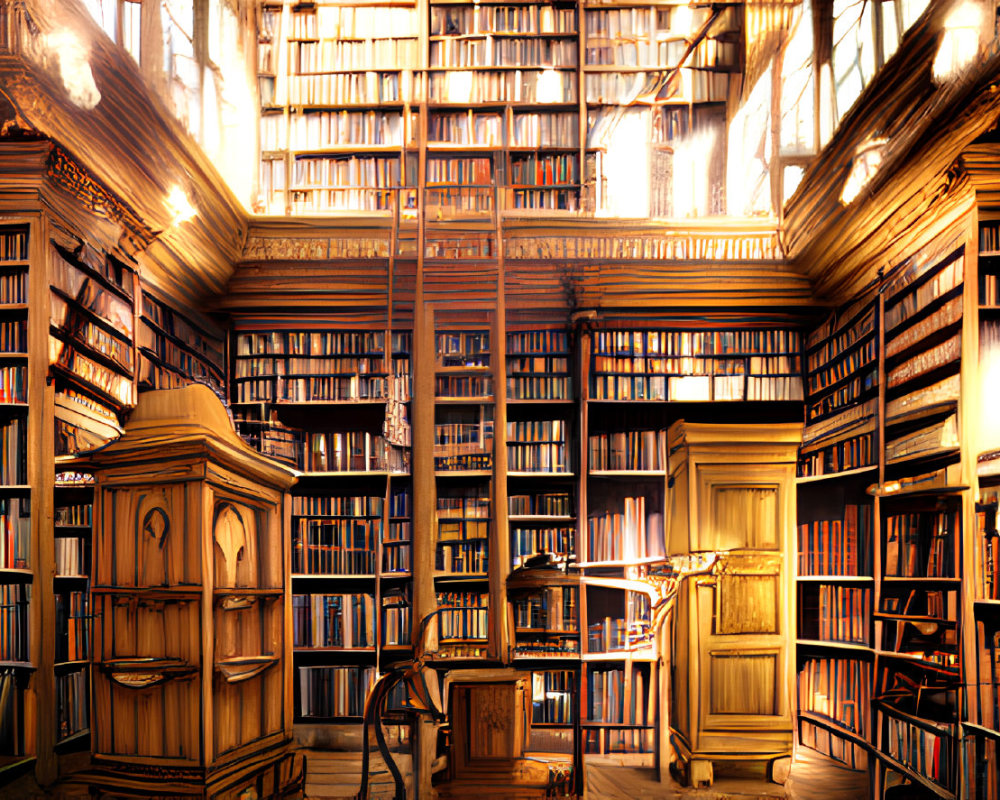 Majestic old library with towering wooden bookshelves
