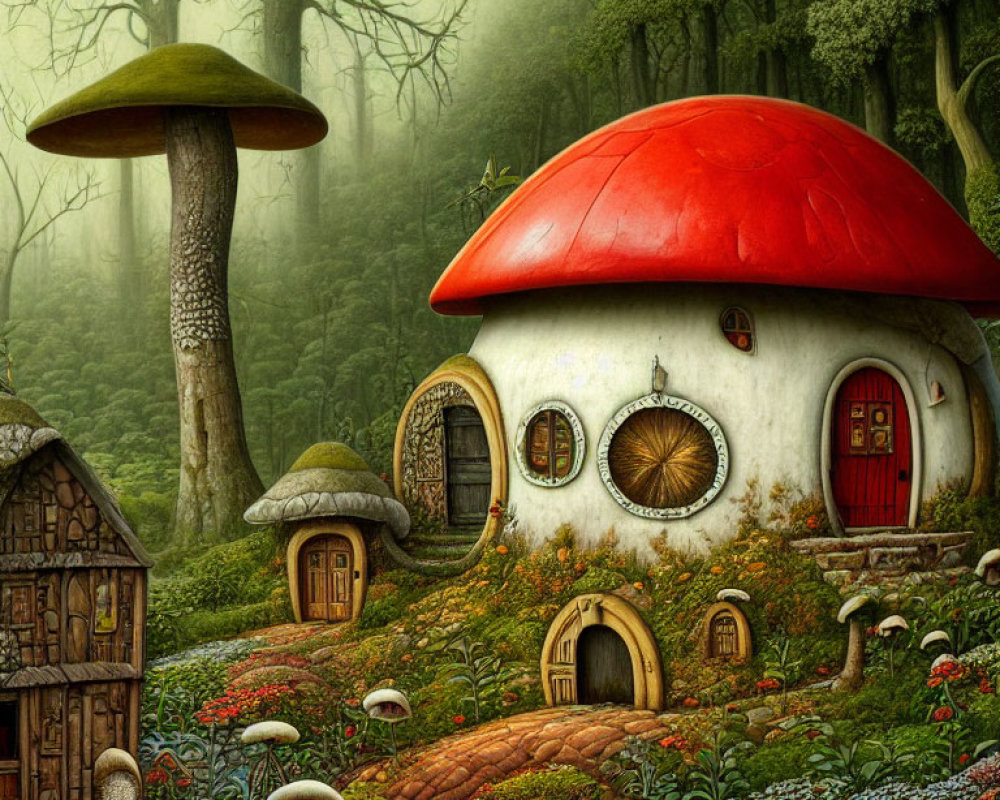 Fantasy Mushroom House in Lush Forest Setting