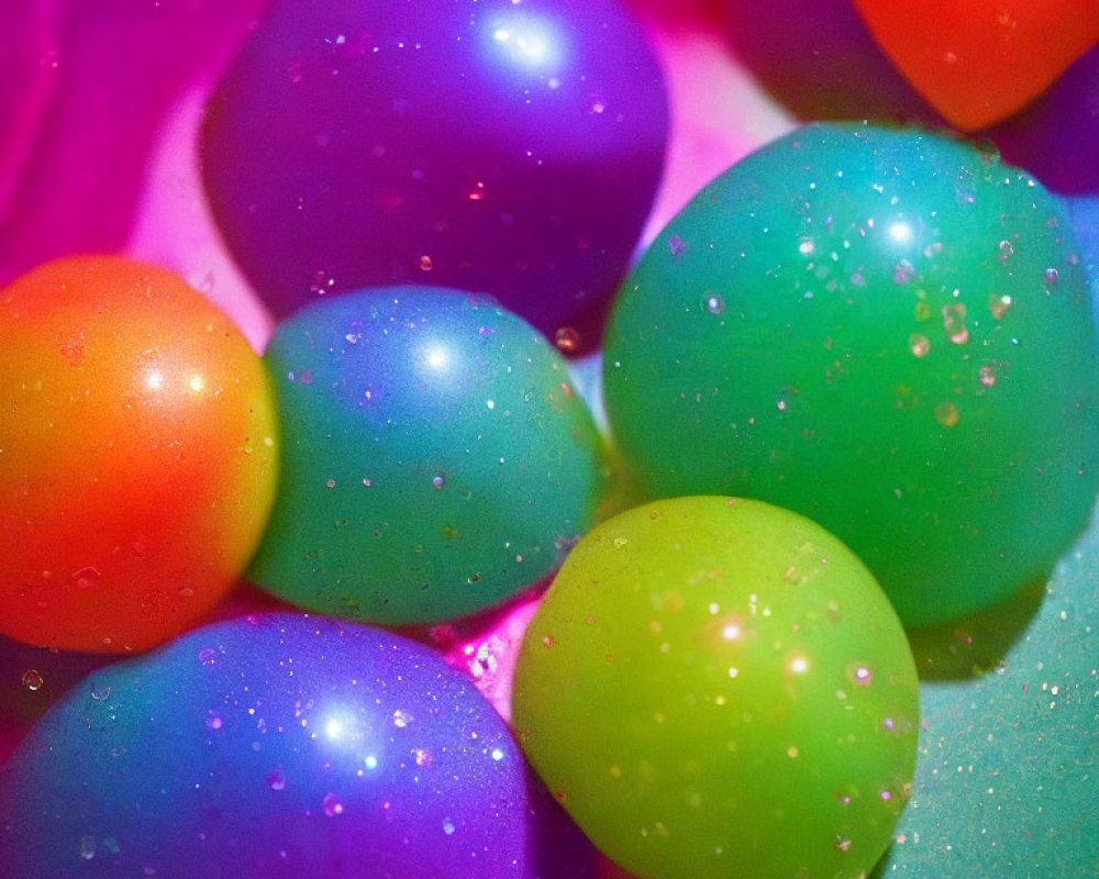 Vibrant Cluster of Colorful Water Balloons on Glistening Background