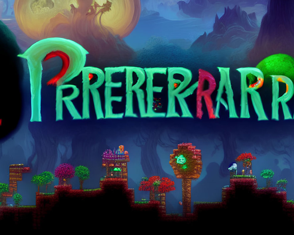 Fantasy landscape graphic with stylized "Terraria" text and whimsical elements