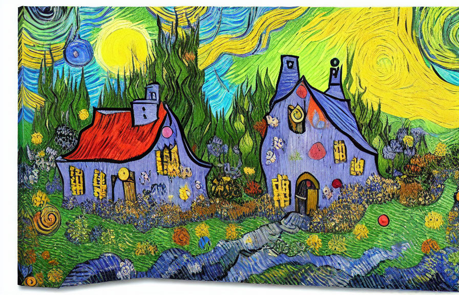 Whimsical thatched roof houses in Van Gogh-inspired scenery