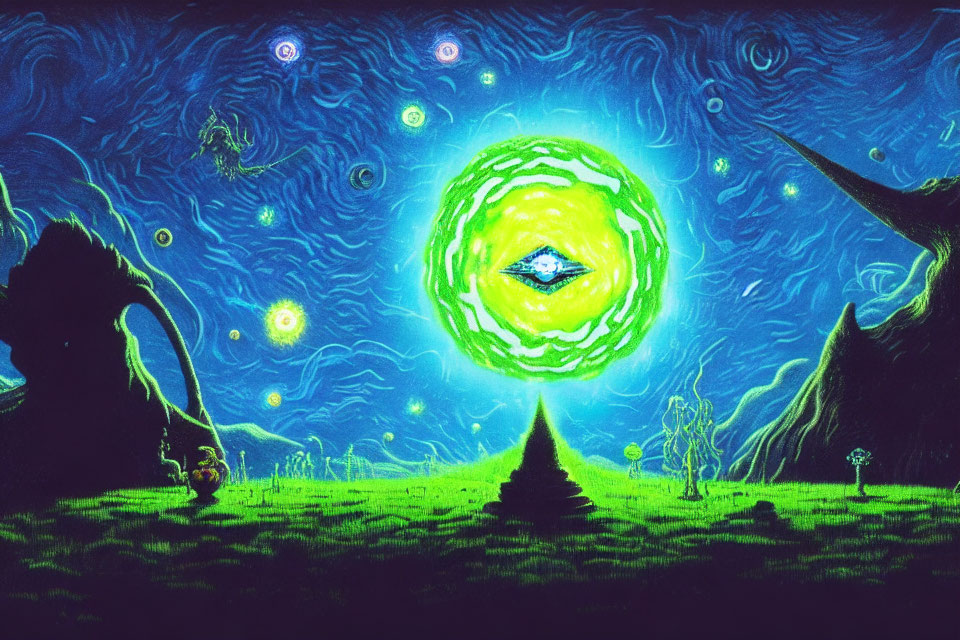 Surreal landscape with glowing eye-like portal and luminous orbs