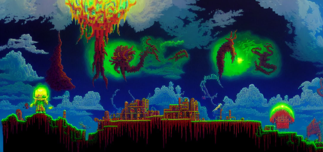 Colorful Pixel Art Landscape with Glowing Town and Dragons