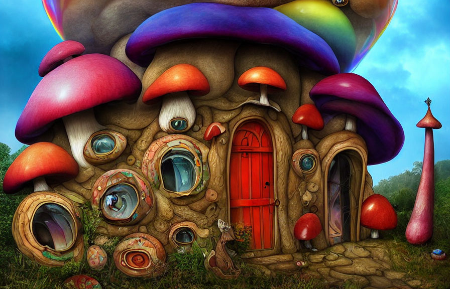 Colorful Mushroom House with Red Door and Cat in Fantasy Landscape