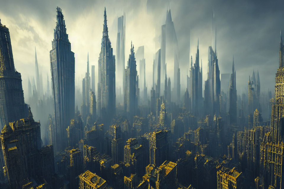 Dystopian cityscape with dilapidated skyscrapers under yellow sunlight